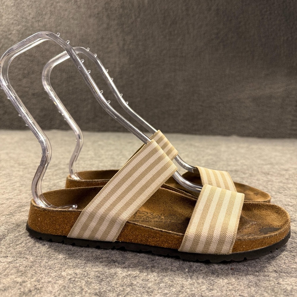 Birkenstock Birki's Sandals Womens 7 38 Beige Striped Slide‎ Cork Comfort Shoes
